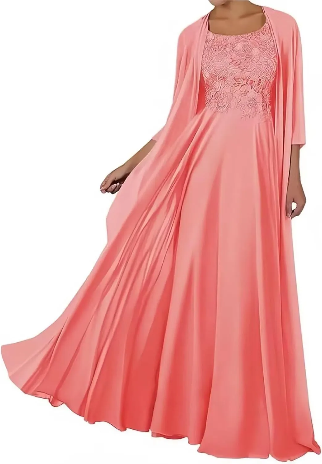 2 Piece Mother of The Bride Dresses with Jacket Long Chiffon Lace Mother of Groom Dresses for Wedding 3/4 Sleeve