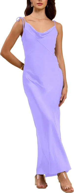 2025 Satin Cowl Neck Spaghetti Strap Slip Maxi Dress for Women Tie Strap Formal Wedding Guest Dresses with Slit