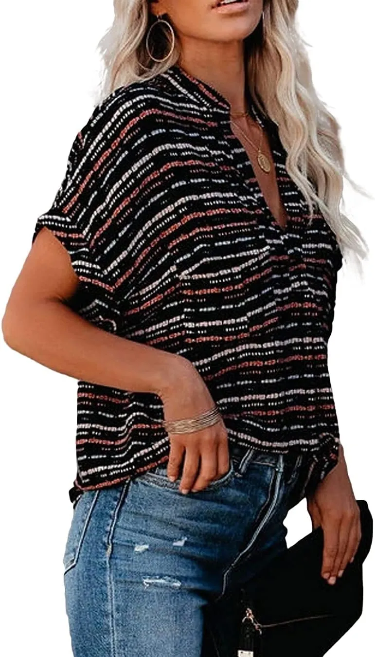Allimy Women Summer Casual Split V Neckline Floral Chiffon Blouses Loose Tunic Short Sleeve Tops
