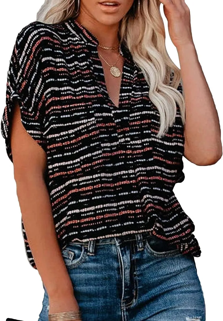 Allimy Women Summer Casual Split V Neckline Floral Chiffon Blouses Loose Tunic Short Sleeve Tops