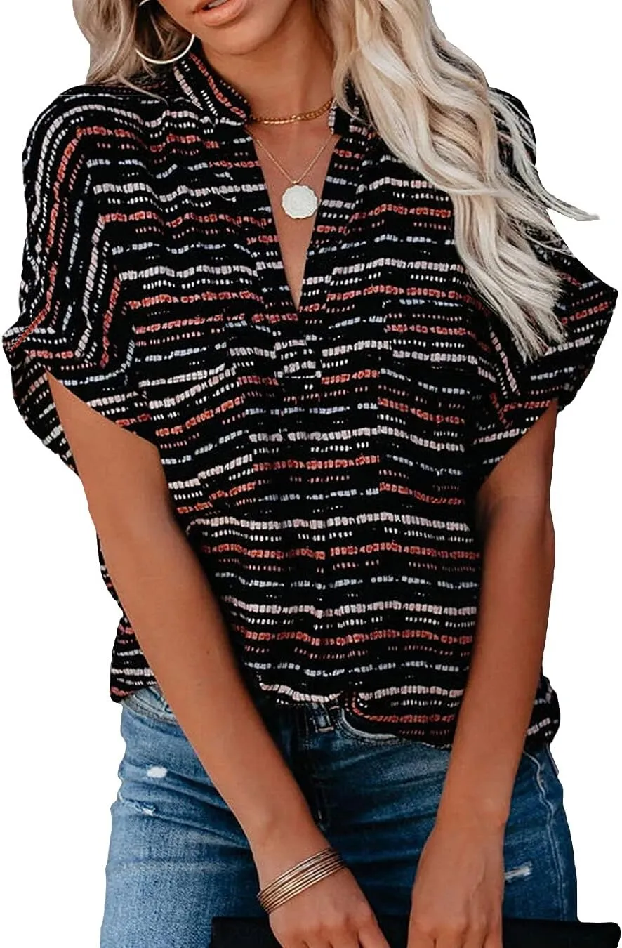 Allimy Women Summer Casual Split V Neckline Floral Chiffon Blouses Loose Tunic Short Sleeve Tops