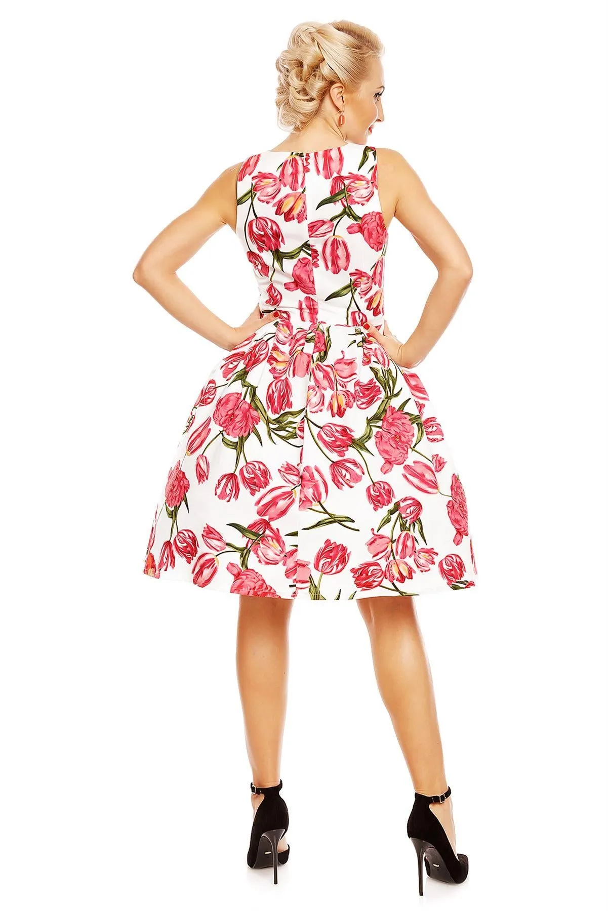 Annie Retro Tulip Floral Swing Dress in White-Pink