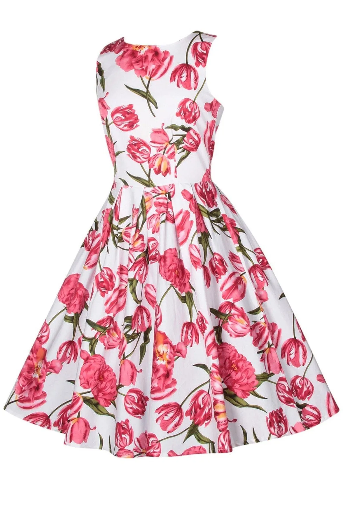 Annie Retro Tulip Floral Swing Dress in White-Pink