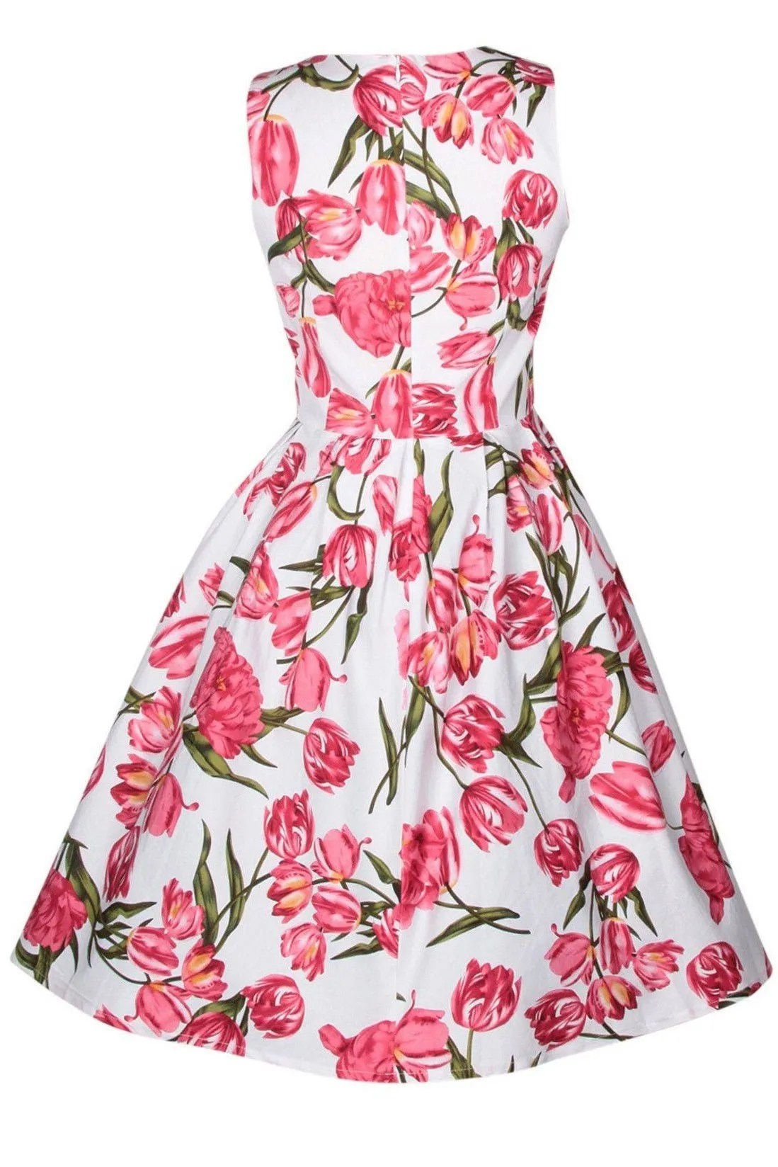 Annie Retro Tulip Floral Swing Dress in White-Pink