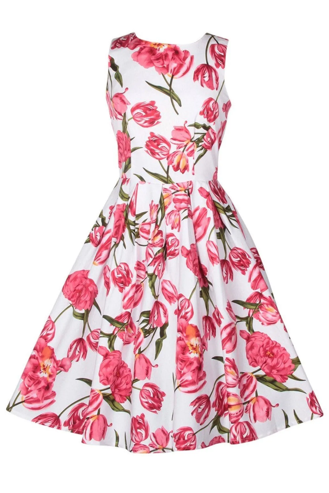 Annie Retro Tulip Floral Swing Dress in White-Pink
