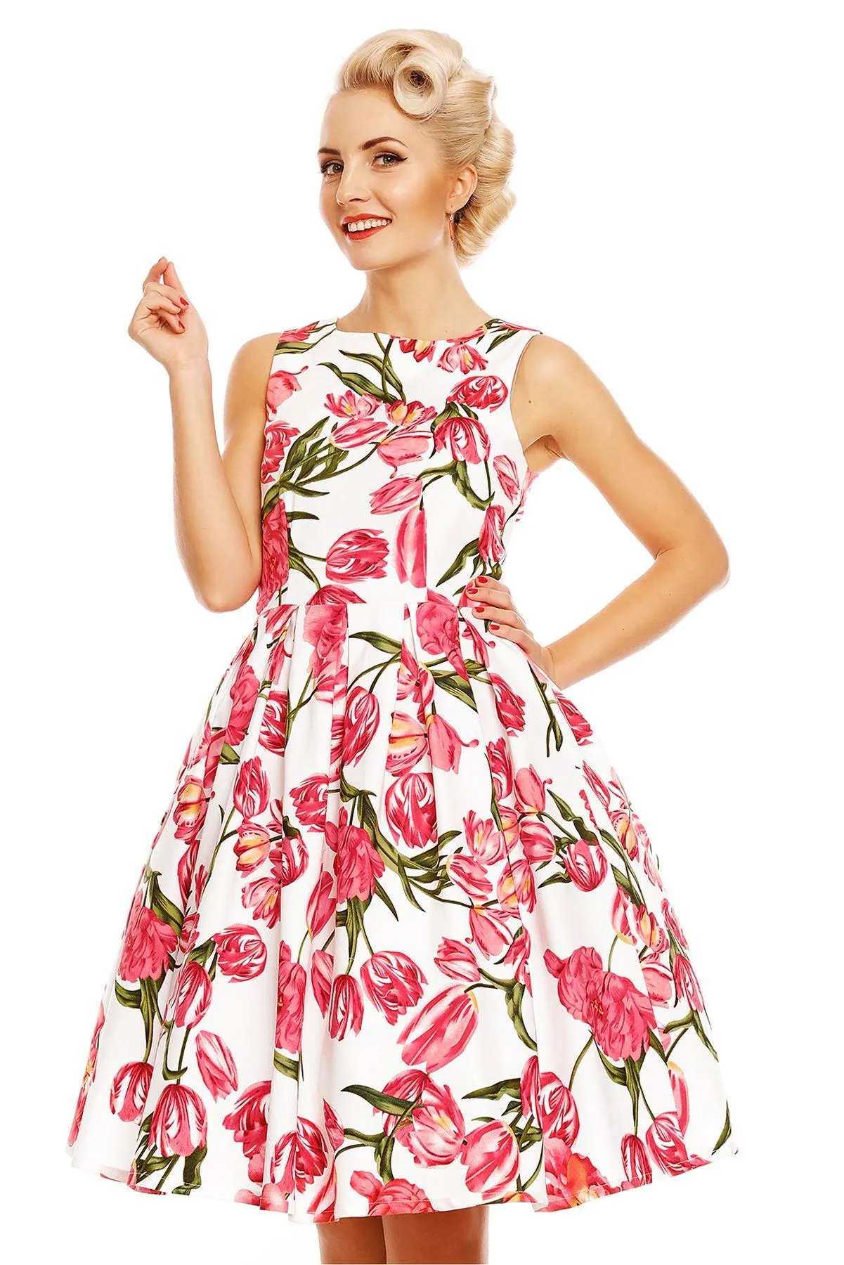 Annie Retro Tulip Floral Swing Dress in White-Pink