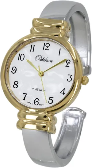 Blekon Original Mother of Pearl Cuff Bracelet Watch for Women with 31mm case Japanese Quartz Movement Metal hinged Bangle Style Cuff Wrist Watch for Ladies