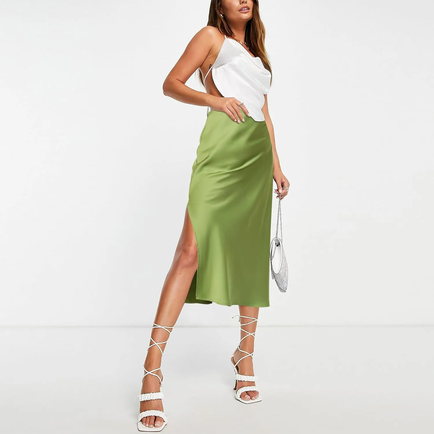 BOMAROLAN Women's Satin Midi Skirt High Waist Solid Silky Skirts for Women Elasticized Waistband A-Line Slit Midi Skirts