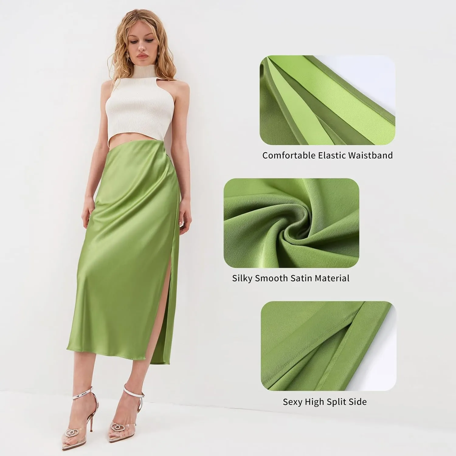 BOMAROLAN Women's Satin Midi Skirt High Waist Solid Silky Skirts for Women Elasticized Waistband A-Line Slit Midi Skirts