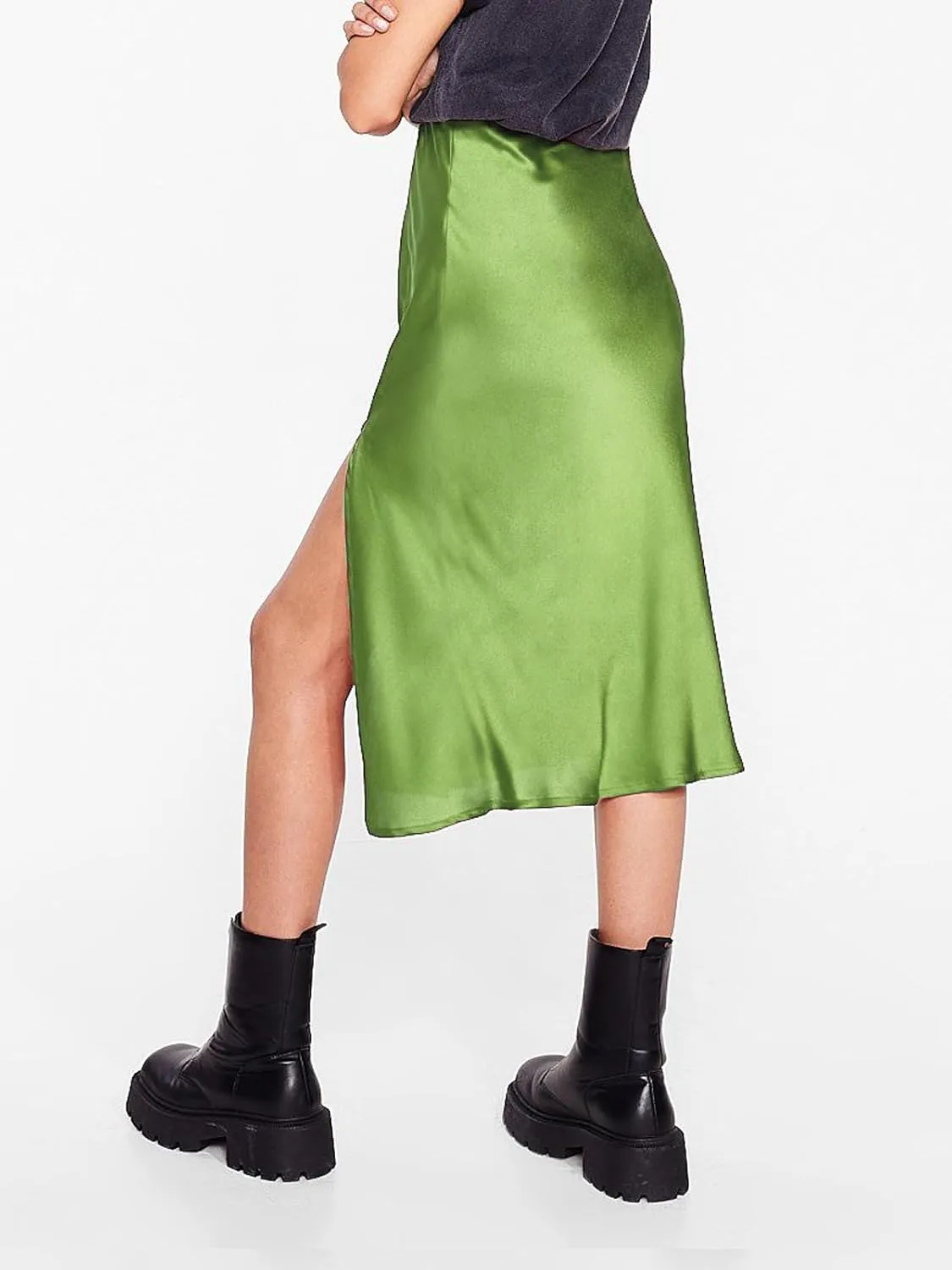 BOMAROLAN Women's Satin Midi Skirt High Waist Solid Silky Skirts for Women Elasticized Waistband A-Line Slit Midi Skirts