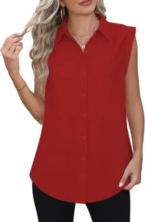 Cap Sleeve Button Down Shirts for Women Dressy Casual Work Blouses Business Basic Tank Tops Summer Flowy Shirt