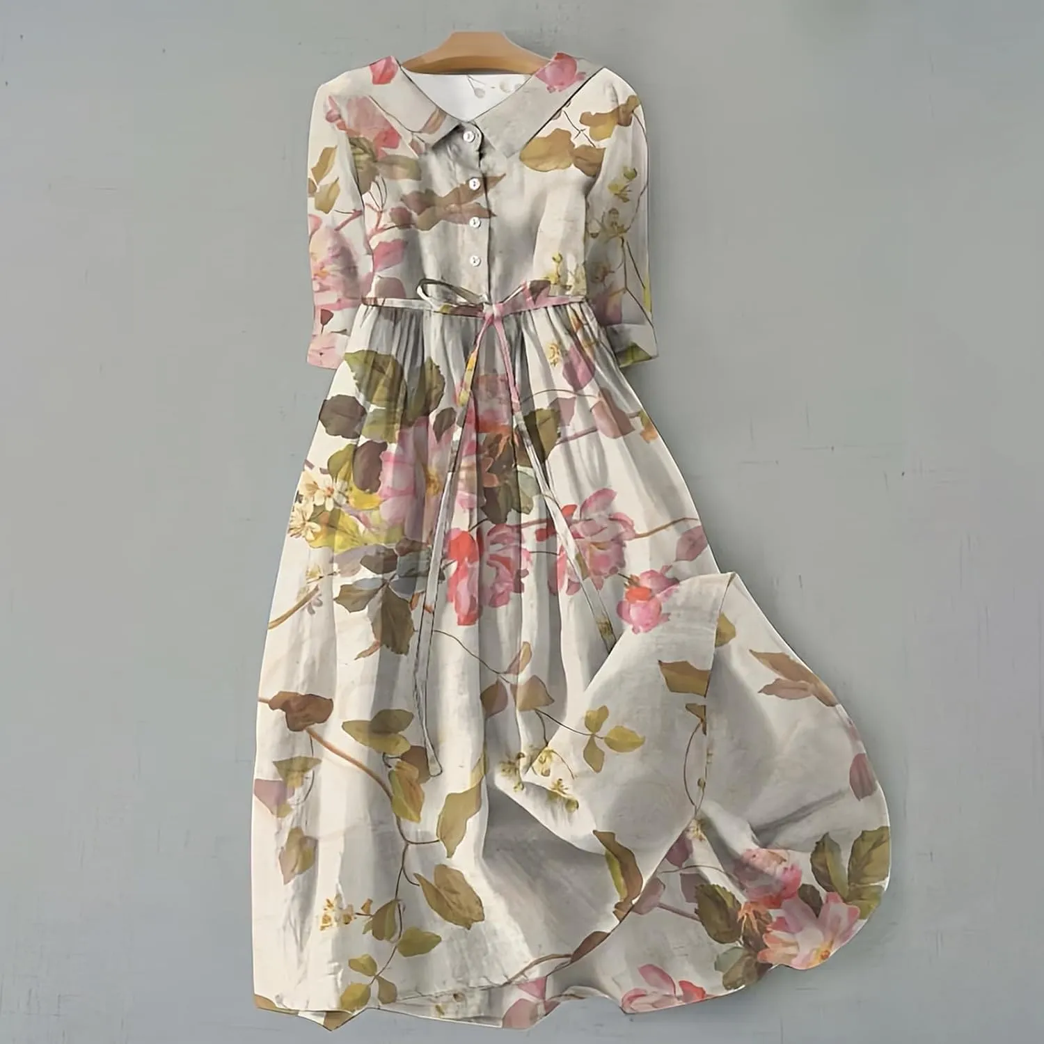 Cotton Linen Dresses for Women 2024 Maxi Button Down Plus Size A Line Dress Trendy 3/4 Sleeve Floral Dress Summer Dresses