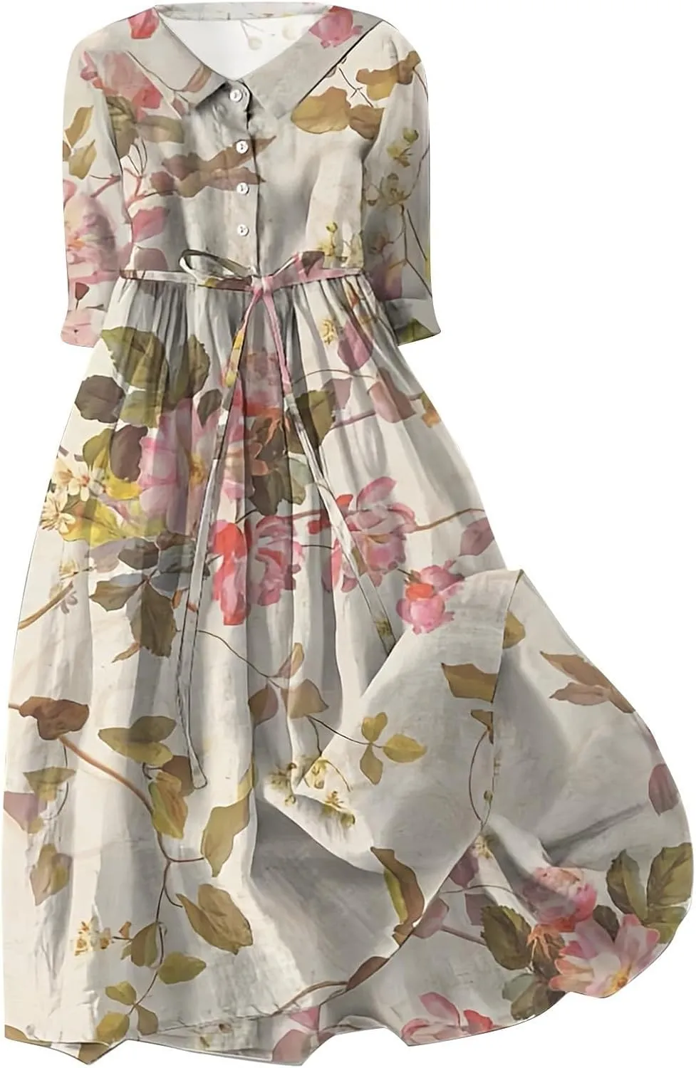 Cotton Linen Dresses for Women 2024 Maxi Button Down Plus Size A Line Dress Trendy 3/4 Sleeve Floral Dress Summer Dresses