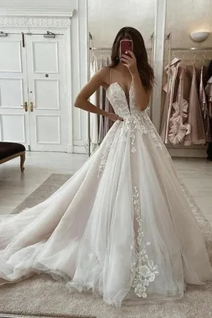 Deep V Neck Ivory Lace Prom Dresses with Sweep Train, Ivory Lace Formal Evening Wedding Dresses VK0608006