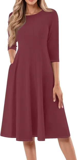 Formal Dresses for Women Casual Summer Spring 3/4 Sleeve Pleated A Line Midi Dresses for