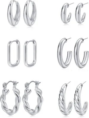 Gold Hoop Earrings Set for Women, 6 Pairs 14K Gold Plated Lightweight Hypoallergenic Chunky Open Twisted Hoops Earrings Pack Jewelry