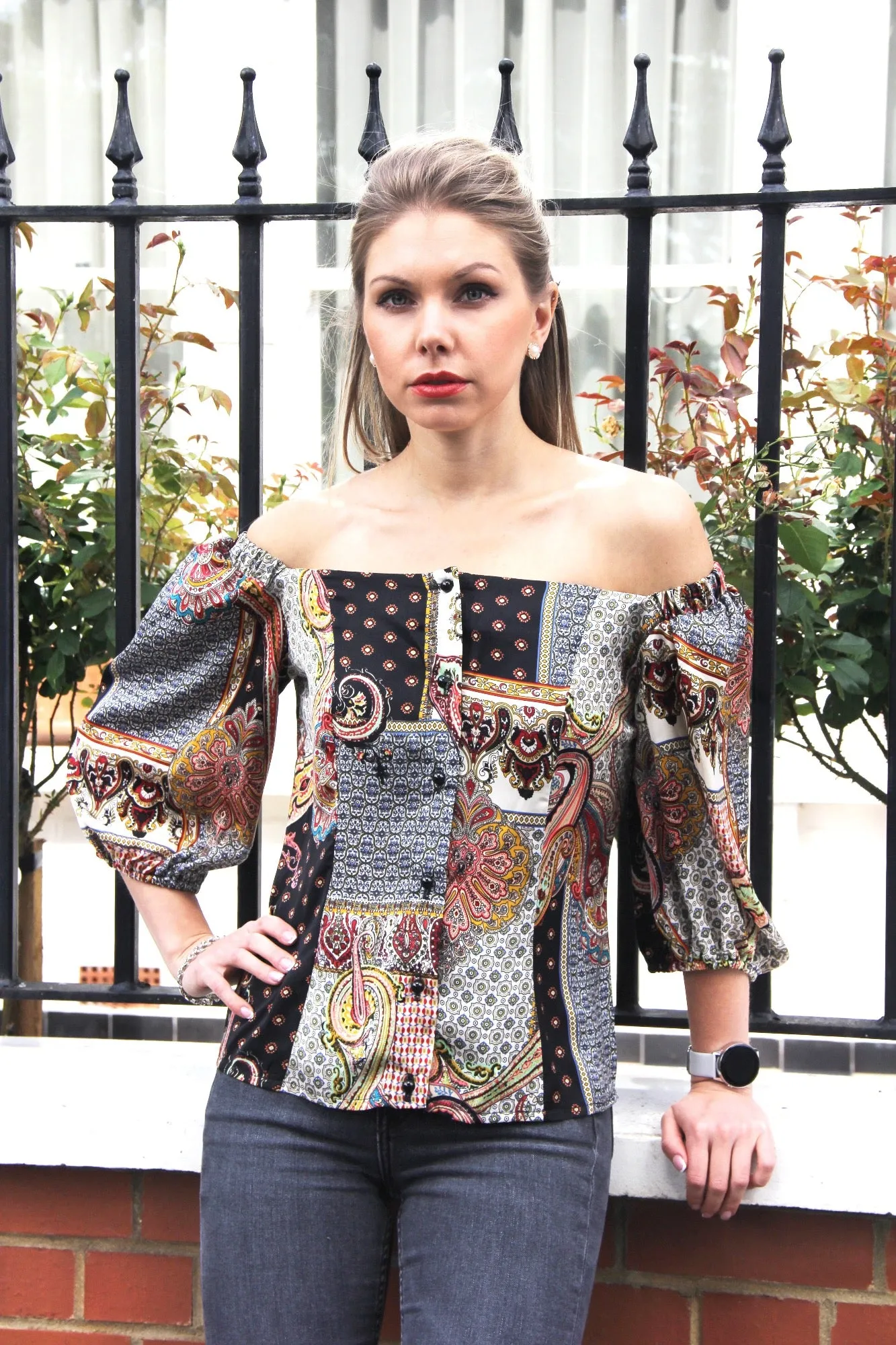 Isabella  -  Black & Pink Paisley Print Off Shoulder Satin Blouse
