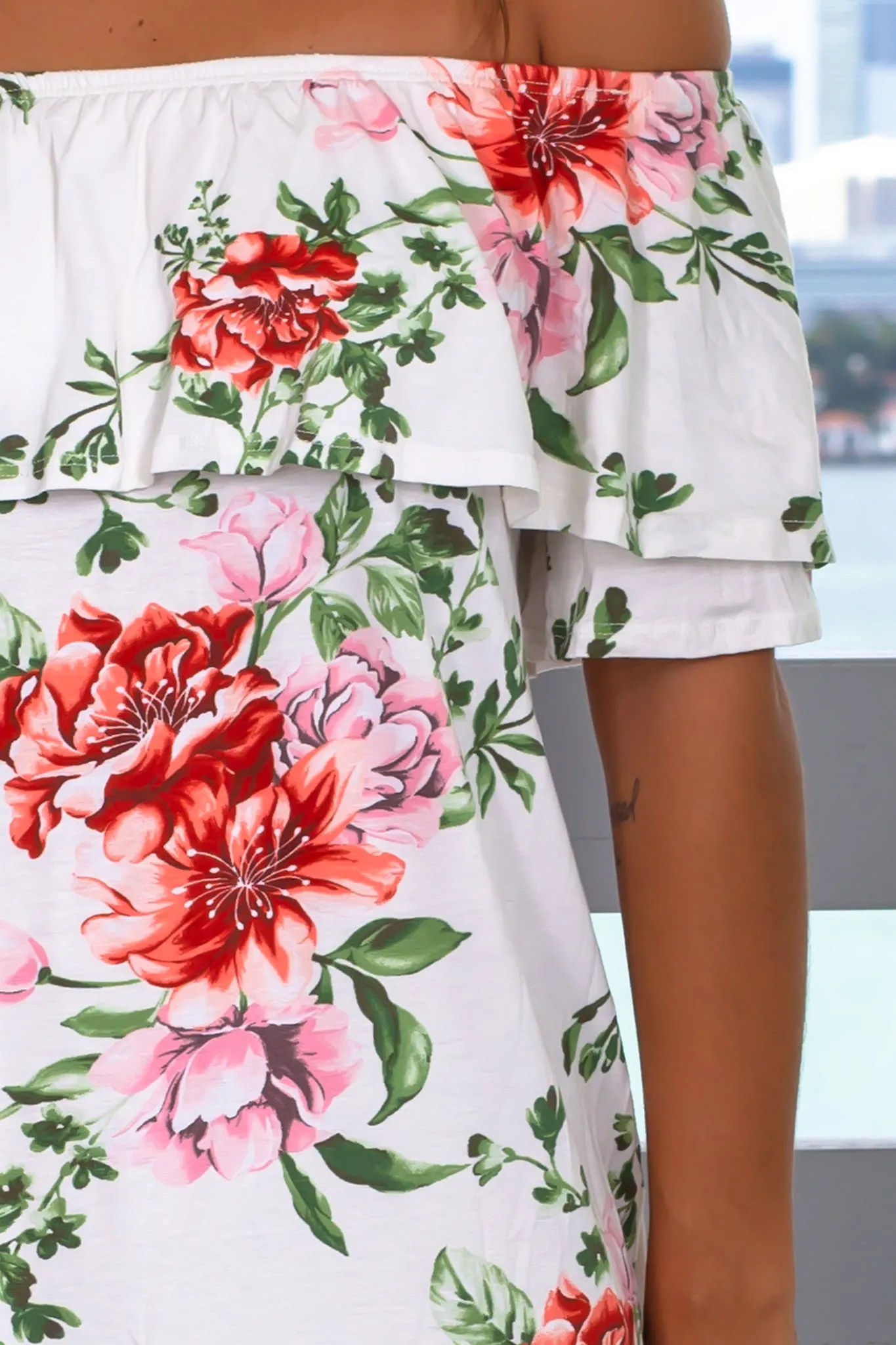 Ivory Floral Printed Off Shoulder Short Dress