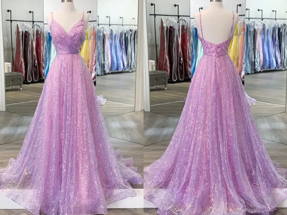 Kateprom Shiny V Neck Backless Lilac Prom Dresses with Straps, Formal Dresses, Purple Evening Dresses KPP1458