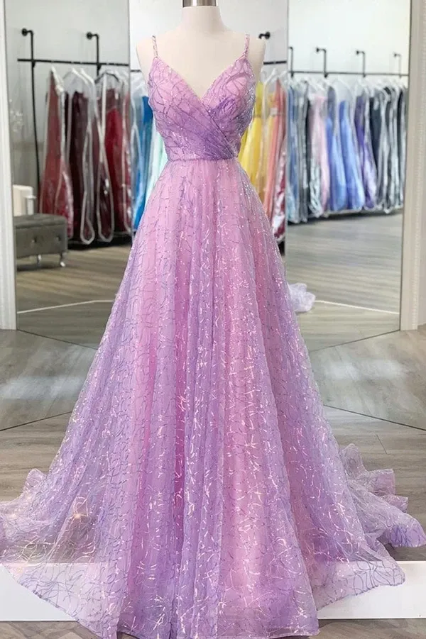 Kateprom Shiny V Neck Backless Lilac Prom Dresses with Straps, Formal Dresses, Purple Evening Dresses KPP1458
