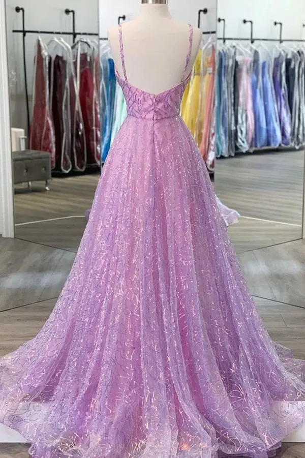 Kateprom Shiny V Neck Backless Lilac Prom Dresses with Straps, Formal Dresses, Purple Evening Dresses KPP1458