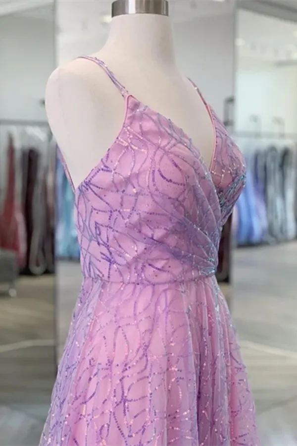 Kateprom Shiny V Neck Backless Lilac Prom Dresses with Straps, Formal Dresses, Purple Evening Dresses KPP1458