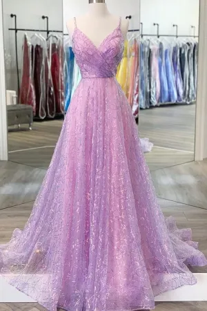 Kateprom Shiny V Neck Backless Lilac Prom Dresses with Straps, Formal Dresses, Purple Evening Dresses KPP1458