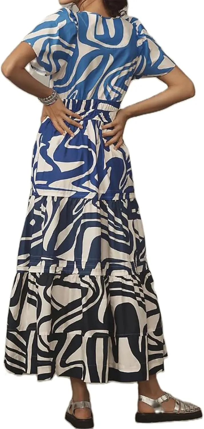 KMBANGI Women Flutter Sleeve Maxi Dress Boho Smocked Sundress Floral Printed Short Sleeve Tiered Ruffle Long Beach Dress