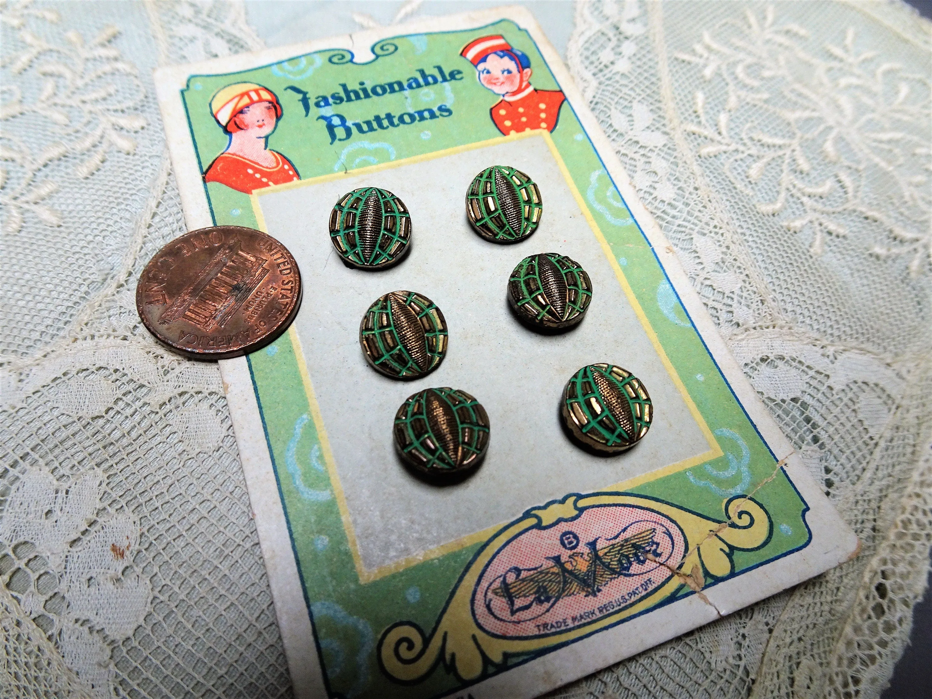LOVELY 20s Antique BUTTONS,Set of 6 Czech Glass Green Gold Tiny Buttons on Card,Art Deco Flapper Era,DOLL Size,Collectible Vintage Buttons