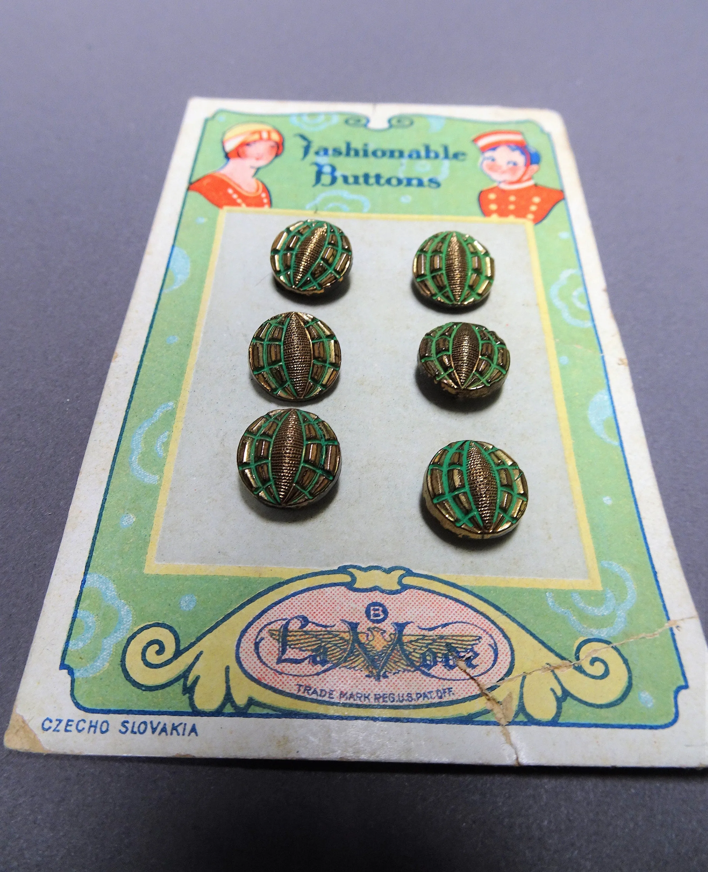 LOVELY 20s Antique BUTTONS,Set of 6 Czech Glass Green Gold Tiny Buttons on Card,Art Deco Flapper Era,DOLL Size,Collectible Vintage Buttons