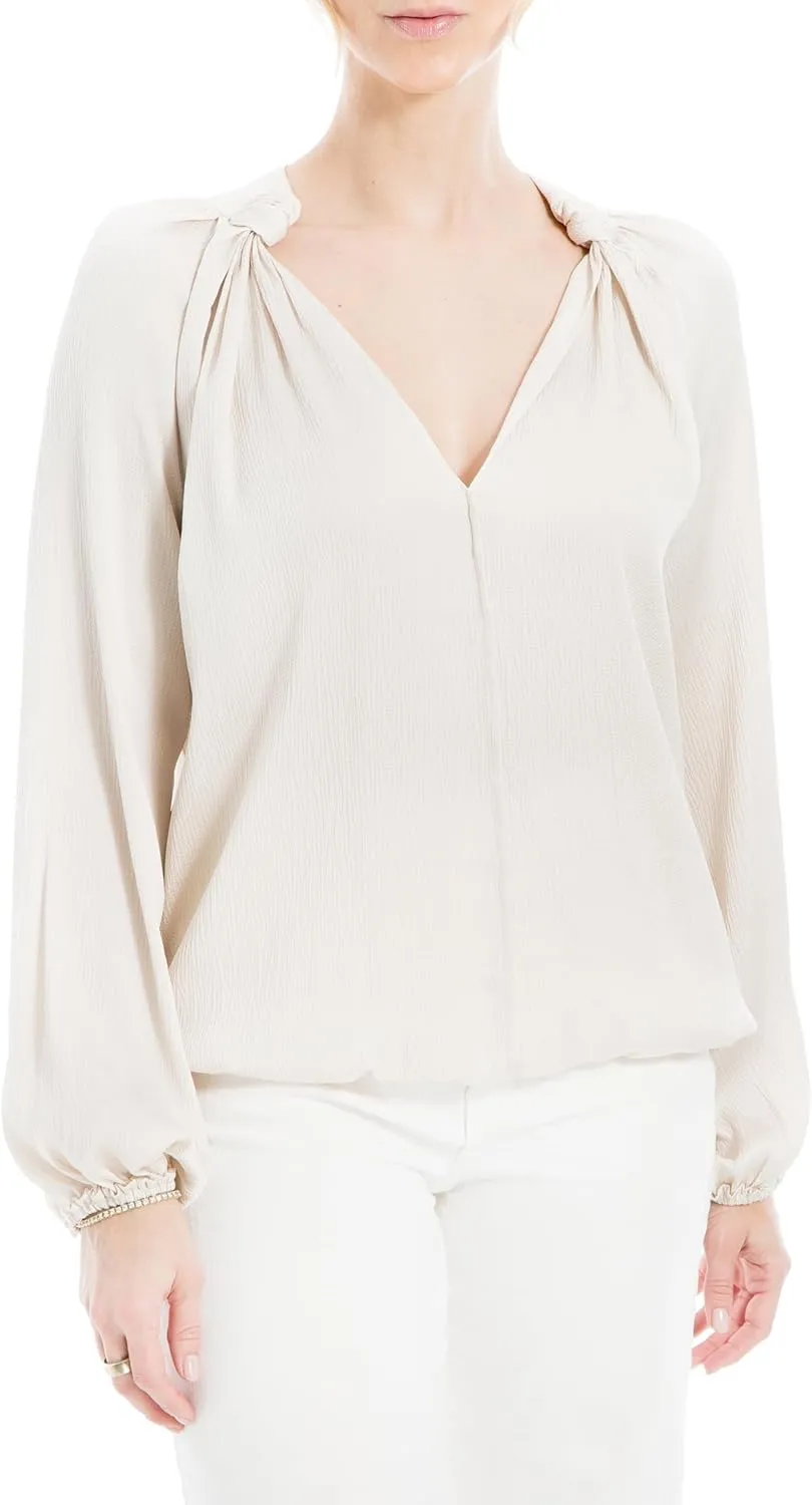 Max Studio Women's Matte Satin Balloon Sleeve V Neck Blouse with Knot Details at Neckline