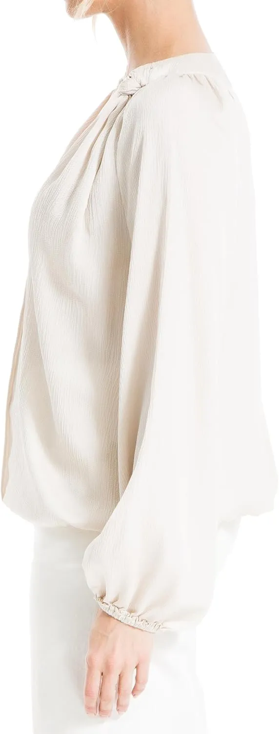 Max Studio Women's Matte Satin Balloon Sleeve V Neck Blouse with Knot Details at Neckline