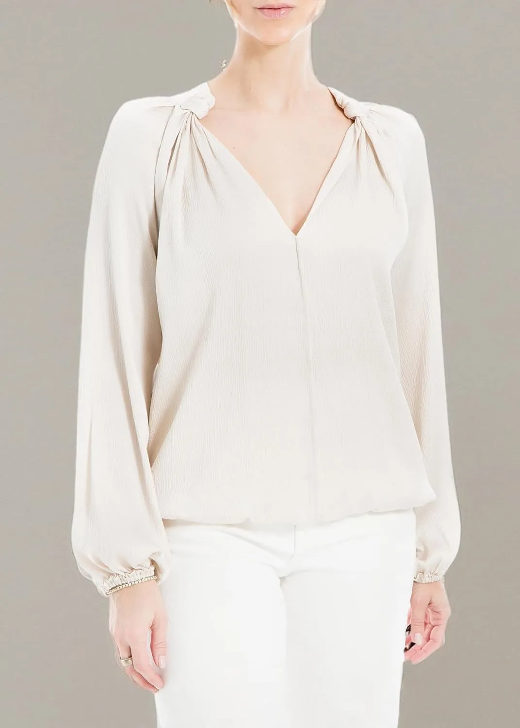 Max Studio Women's Matte Satin Balloon Sleeve V Neck Blouse with Knot Details at Neckline