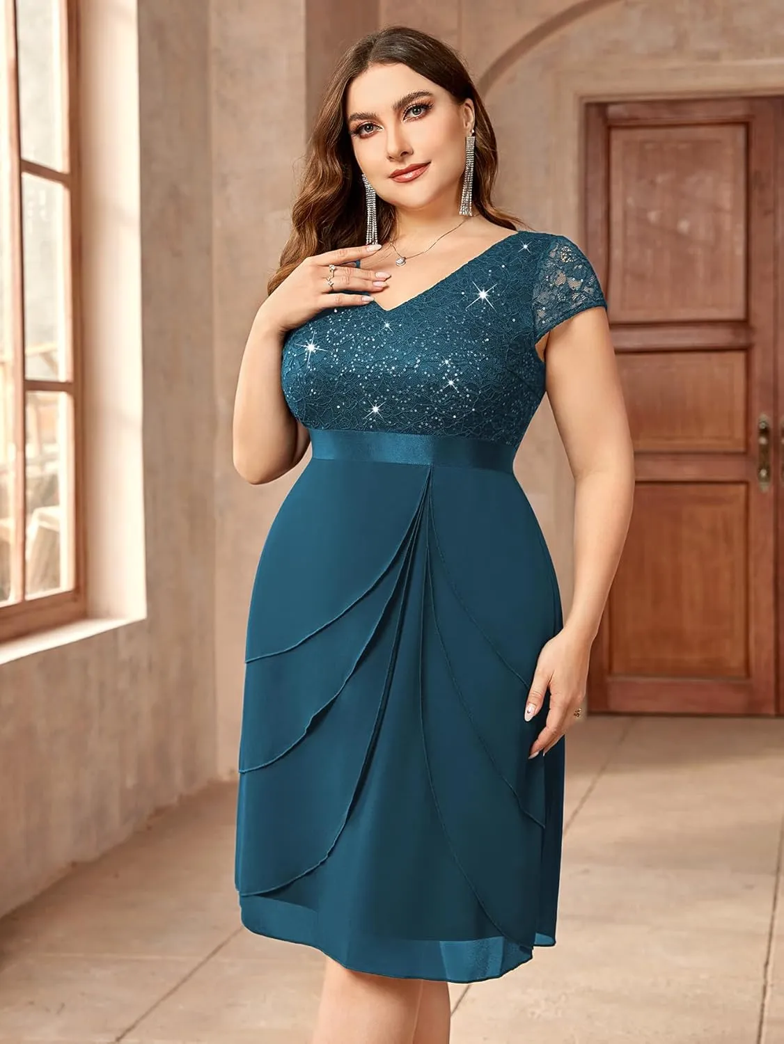 Miusol Women's Plus Size Sequin Lace V Neck Ruffle Tiered Chiffon Cocktail Party Dress