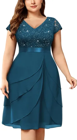 Miusol Women's Plus Size Sequin Lace V Neck Ruffle Tiered Chiffon Cocktail Party Dress