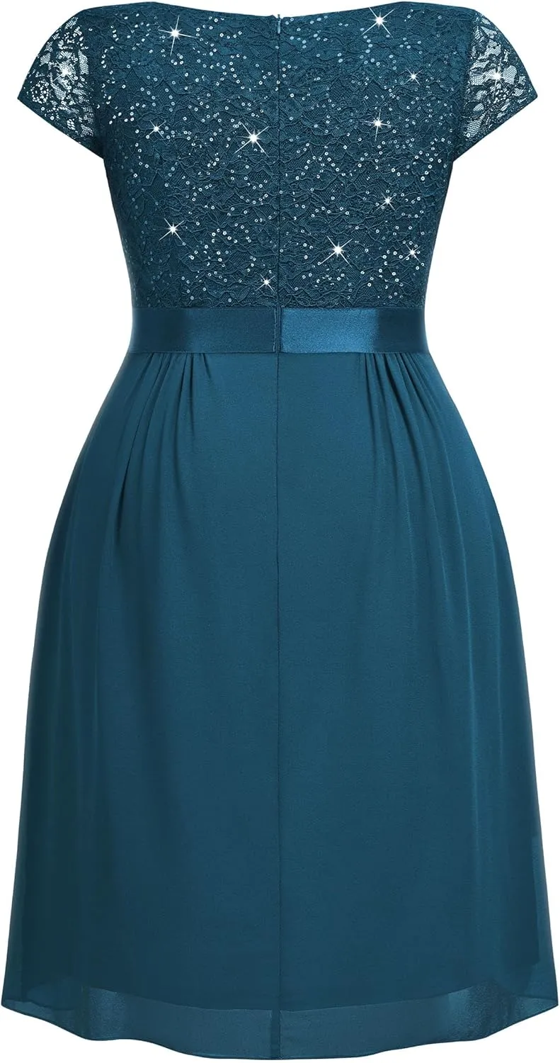 Miusol Women's Plus Size Sequin Lace V Neck Ruffle Tiered Chiffon Cocktail Party Dress