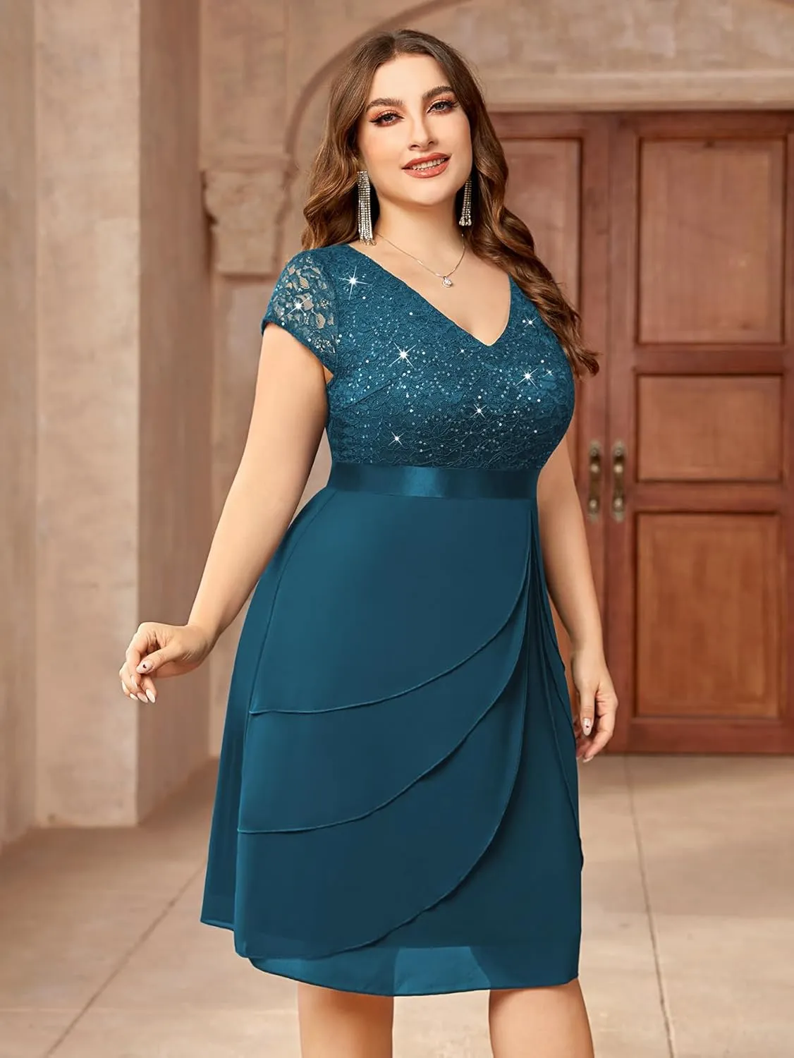 Miusol Women's Plus Size Sequin Lace V Neck Ruffle Tiered Chiffon Cocktail Party Dress
