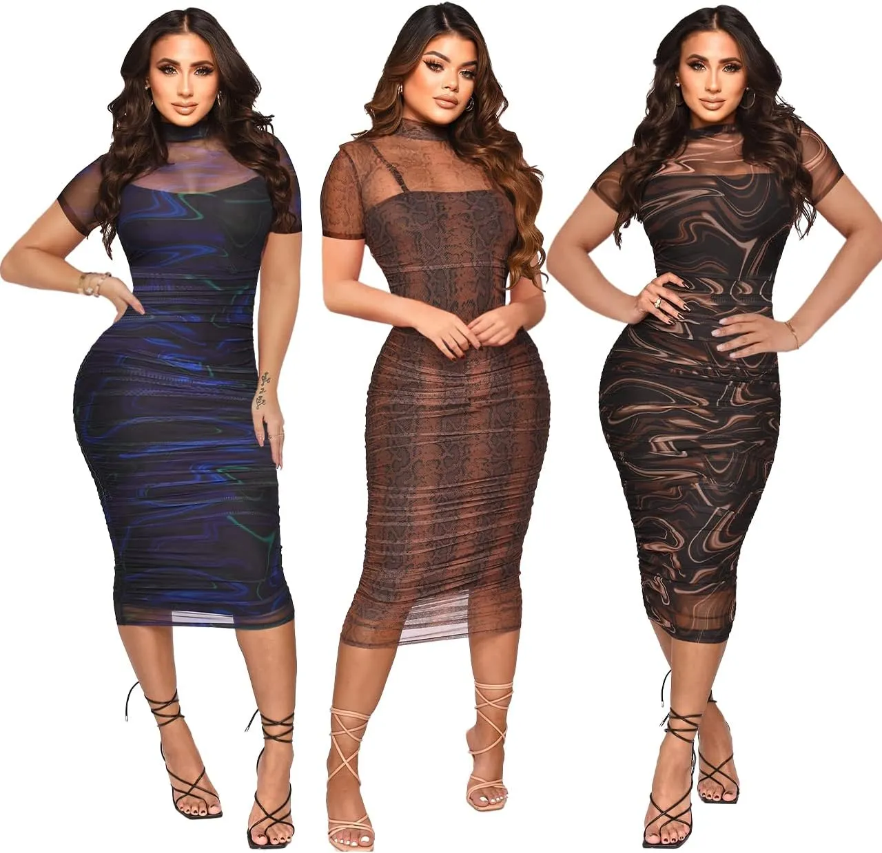MOEENCN Sexy Long Sleeve Midi Dress for Women Sheer Mesh Printed 2 Piece Skirt Set Crew Neck See Through Bodycon Clubwear
