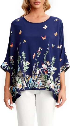 Nicetage Tropical Shirts Sheer Chiffon Blouses for Women Boho Batwing Tops Floral Bat Wing Tunics Plus Size Spring Clothes