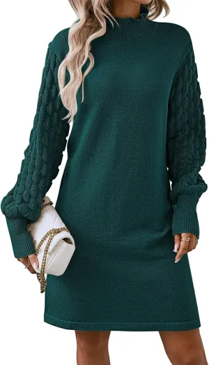 Pink Queen Women's Long Sleeve Sweater Mini Dress Casual Loose Mock Neck Empire Waist Cocktail Party Knit Short Dresses