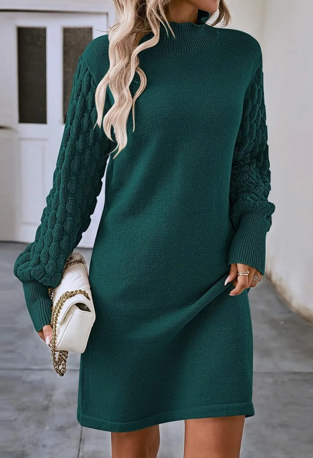 Pink Queen Women's Long Sleeve Sweater Mini Dress Casual Loose Mock Neck Empire Waist Cocktail Party Knit Short Dresses