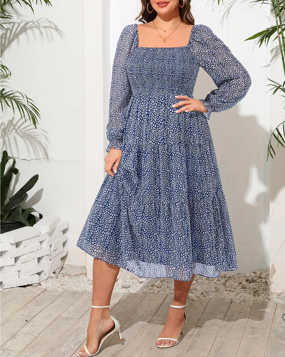 Plus Size Summer Dress - Bridal Shower Graduation Wedding Guest Gold Dots Smocked Midi Dresses