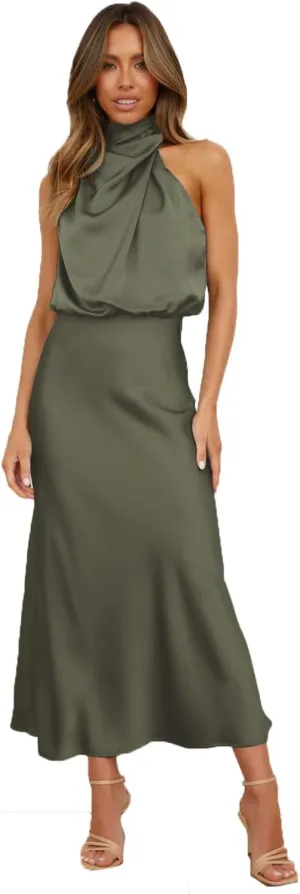 Plustrong Womens Formal Summer Satin Dress Cocktail Party Maxi Dress Mock Neck Sleeveless Wedding Guest Dresses