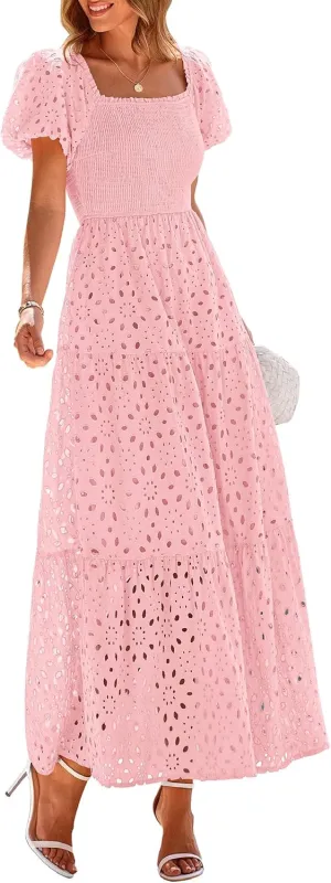 PRETTYGARDEN Summer Dresses for Women 2025 Eyelet Square Neck Puff Sleeve Smocked Wedding Guest Maxi Dress with Pockets