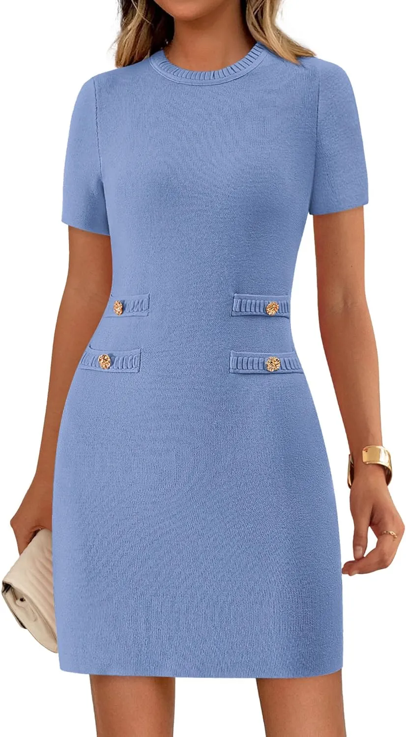 PRETTYGARDEN Work Dresses for Women 2025 Elegant Classy Summer Business Casual Short Sleeve Sweater Sheath Short Dress
