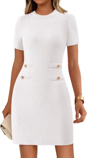 PRETTYGARDEN Work Dresses for Women 2025 Elegant Classy Summer Business Casual Short Sleeve Sweater Sheath Short Dress
