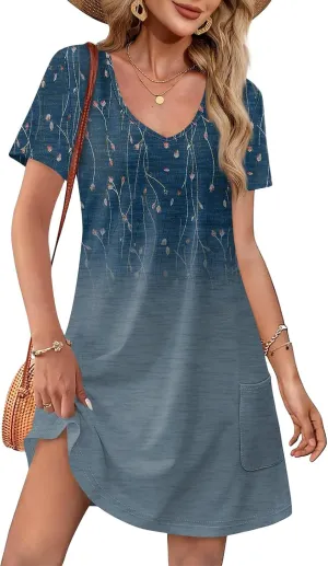 Summer Dresses for Women 2025 Casual Short Sleeve Sundresses Hawaiian T Shirt Dress Beach Dress with Pockets