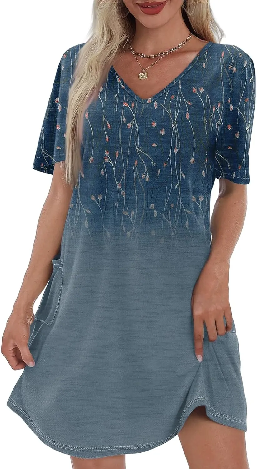 Summer Dresses for Women 2025 Casual Short Sleeve Sundresses Hawaiian T Shirt Dress Beach Dress with Pockets