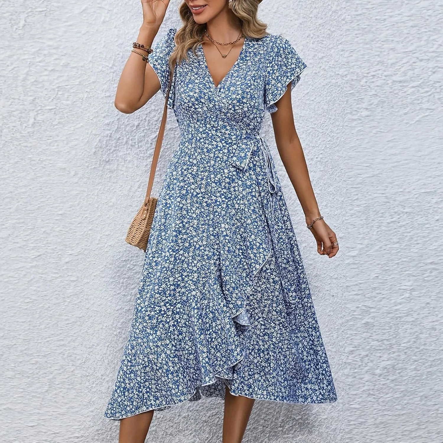 Summer Dresses for Women 2025 Casual V Neck Short Sleeve Floral Midi Dress Tie Waist Ruffle Boho Cute Summer Dress