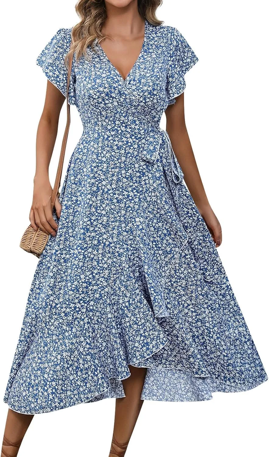 Summer Dresses for Women 2025 Casual V Neck Short Sleeve Floral Midi Dress Tie Waist Ruffle Boho Cute Summer Dress